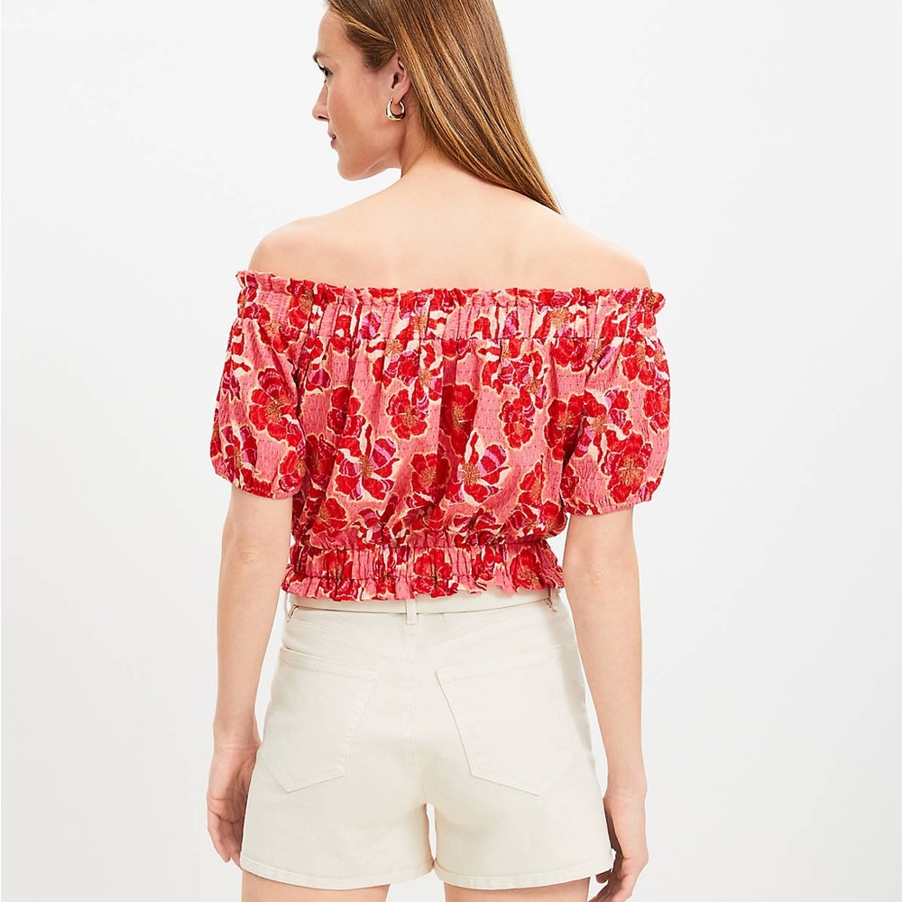 NWT LOFT Floral Crinkle Jacquard Off-the-Shoulder Top – Fresh Guava - Picture 3 of 7
